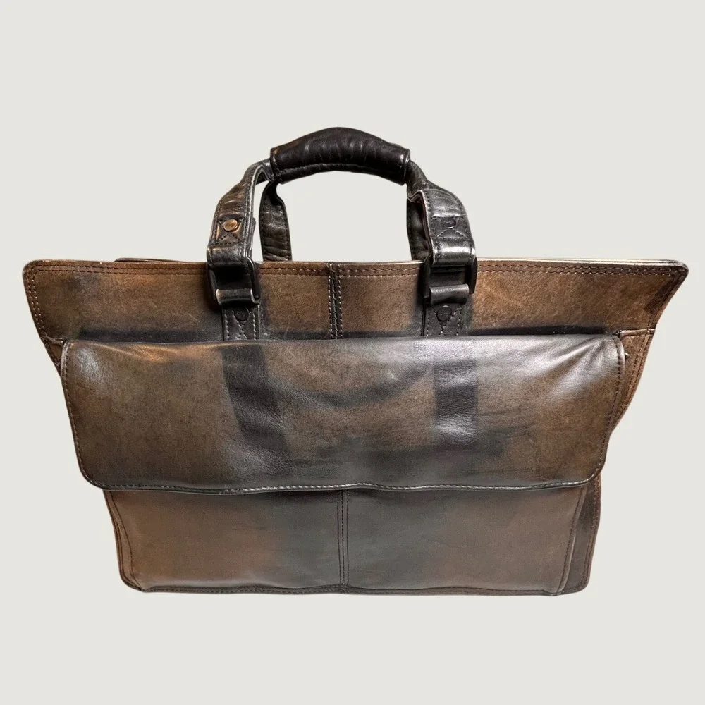 Scully Genuine Leather Brown Black Briefcase Work Bag Distressed Patina